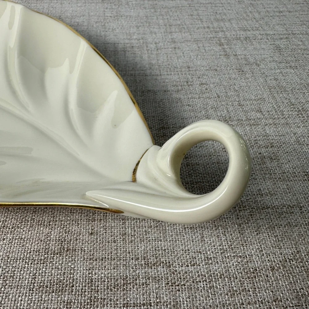 Vintage Lenox Ivory Porcelain Leaf Serving Tray Gold Trim Made in USA